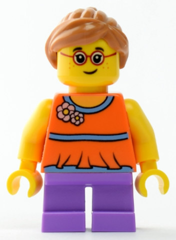 LEGO® Minifigurák twn337 - Child - Girl, Orange Top, Medium Lavender Short Legs, Medium Nougat Ponytail Hair, Glasses, Freckles