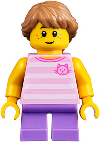 Child Girl with Long Medium Nougat Braid, Bright Pink Striped Cat Shirt and Medium Lavender Legs