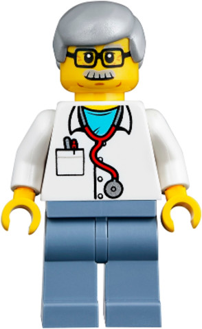 LEGO® Minifigurák twn357 - Veterinarian Dr. Jones with Light Bluish Gray Hair, Glasses, Red Stethoscope and Sand Blue Legs