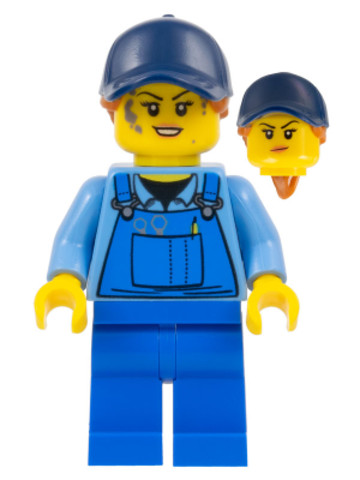 LEGO® Minifigurák twn358a - Mechanic - Female, Medium Blue Shirt and Blue Overalls, Blue Legs, Dark Blue Cap with Dark Orange Po