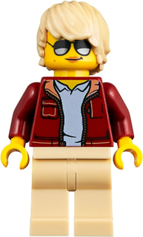 LEGO® Minifigurák twn360 - Woman, Dark Red Jacket with Bright Light Blue Shirt, Tan Legs, Tan Tousled Hair, Sunglasses