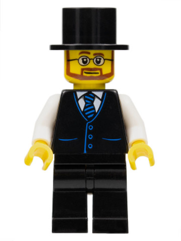 LEGO® Minifigurák twn389 - Haunted House Butler - Male, Black Vest with Blue Striped Tie, Black Legs, Black Top Hat, Glasses an
