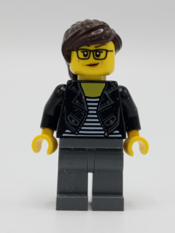 LEGO® Minifigurák twn391 - Female with Striped Black and White Shirt, Black Jacket, Dark Bluish Gray Legs, Dark Brown Hair