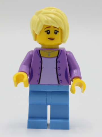 LEGO® Minifigurák twn394 - Female with Medium Lavender Jacket, Medium Blue Legs, Bright Light Yellow Hair