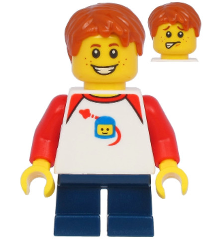 LEGO® Minifigurák twn397 - Boy with Classic Space Shirt with Red Sleeves, Dark Blue Short Legs, Dark Orange Hair