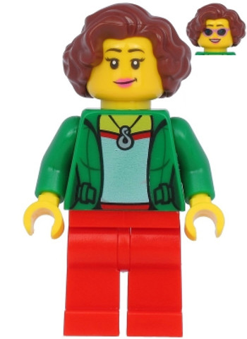 LEGO® Minifigurák twn399 - Female with Green Jacket, Red Legs, Reddish Brown Hair