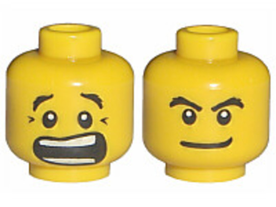 Sárga minifigura fej, két arcú (ijedt/csintalan mosoly)