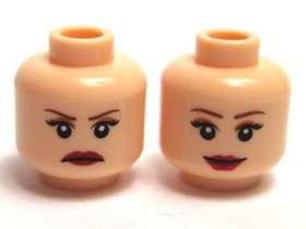 Világos nugát női minifigura fej, két arccal, kirúzsozott szájjal