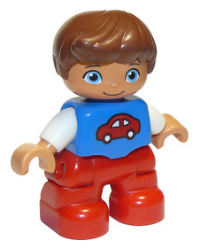 Duplo Figure Lego Ville, Child Boy, Red Legs, Blue Top with Red Car Pattern, Reddish Brown Hair
