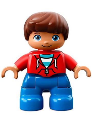 LEGO® Minifigurák 47205pb056 - Duplo Figure Lego Ville, Child Boy, Blue Legs, Red Top with Zipper and Pockets, Reddish Brown Hair
