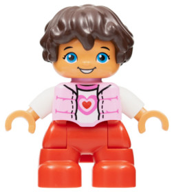 Duplo Figure Lego Ville, Child Girl, Red Legs, Bright Pink Top with Heart Pattern, White Arms, Reddi