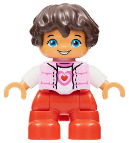 LEGO® Minifigurák 47205pb057 - Duplo Figure Lego Ville, Child Girl, Red Legs, Bright Pink Top with Heart Pattern, White Arms, Reddi