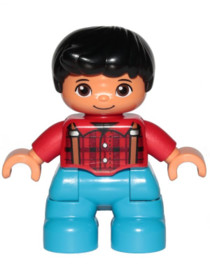 Duplo Figure Lego Ville, Child Boy, Dark Azure Legs, Red Checkered Shirt with Suspenders, Black Hair