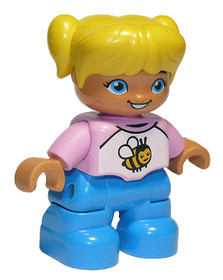 Duplo Figure Lego Ville, Child Girl, Dark Azure Legs, White and Bright Pink Top with Bee, Yellow Hai