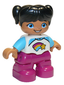 Duplo Figure Lego Ville, Child Girl, Magenta Legs, White and Medium Azure Top with Shooting Star, Bl