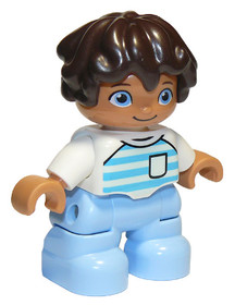 Duplo Figure Lego Ville, Child Boy, Bright Light Blue Legs, White Top with Medium Azure and Light Aq