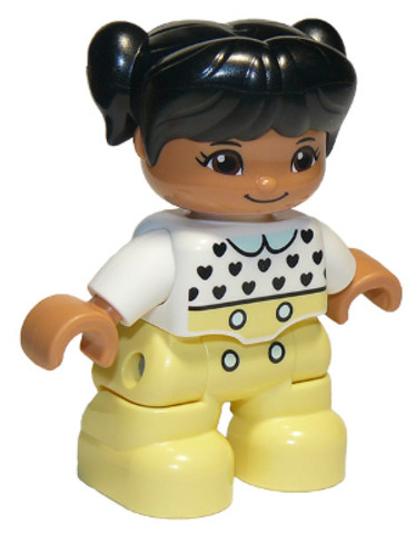 LEGO® Minifigurák 47205pb069 - Duplo Figure Lego Ville, Child Girl, Bright Light Yellow Legs, White Top with Black Hearts, Black Ha
