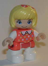 Duplo Figure Lego Ville, Child Girl, White Legs, Coral Top with Polka Dots Pattern, White Arms, Brig