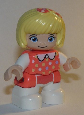 LEGO® Minifigurák 47205pb070 - Duplo Figure Lego Ville, Child Girl, White Legs, Coral Top with Polka Dots Pattern, White Arms, Brig
