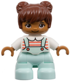 Duplo Figure Lego Ville, Child Girl, Light Aqua Legs, White Top with Coral Stripes, Reddish Brown Ha
