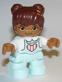 Duplo Figure Lego Ville, Child Girl, Light Aqua Legs, White Top with Coral Stripes in Heart, Reddish