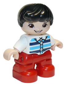 Duplo Figure Lego Ville, Child Boy, Red Legs, White Top with Medium Azure and Dark Blue Stripes, Bla