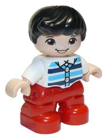 LEGO® Minifigurák 47205pb077 - Duplo Figure Lego Ville, Child Boy, Red Legs, White Top with Medium Azure and Dark Blue Stripes, Bla
