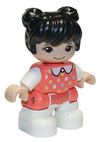 Duplo Figure Lego Ville, Child Girl, White Legs, Coral Top with Polka Dots Pattern, White Arms, Blac