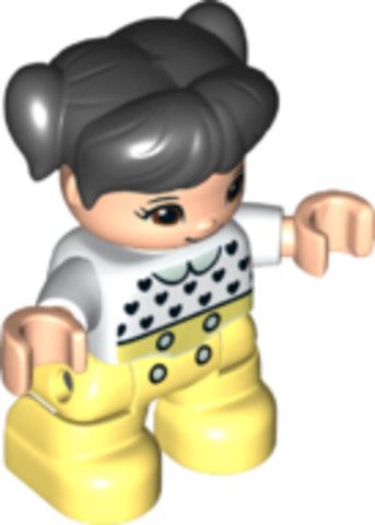 LEGO® Minifigurák 47205pb079 - Duplo Figure Lego Ville, Child Girl, Bright Light Yellow Legs, White Top with Black Hearts, Black Ha