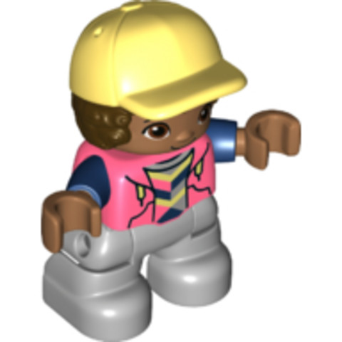 LEGO® Minifigurák 47205pb080 - Duplo Figure Lego Ville, Child Boy, Light Bluish Gray Legs, Coral Top with Dark Blue Arms, Dark Brow