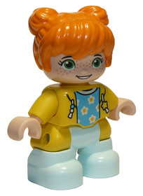 Duplo Figure Lego Ville, Child Girl, Light Aqua Legs, Yellow Jacket with Medium Azure Top with Flowe