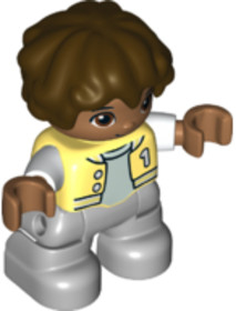 Duplo Figure Lego Ville, Child Boy, Light Bluish Gray Legs, Bright Light Yellow Jacket with Number 1