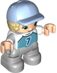 Duplo Figure Lego Ville, Child Boy, Light Bluish Gray Legs, Medium Azure Top with Number 7, Tan Hair