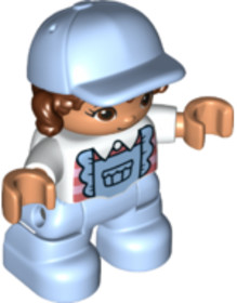 Duplo Figure Lego Ville, Child Girl, Bright Light Blue Legs with Overalls, White Top, Reddish Brown 
