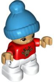 Duplo Figure Lego Ville, Child Boy, White Legs, Red Top with Deer Buck, Freckles, Reddish Brown Eyes