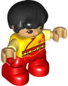 Duplo Figure Lego Ville, Child Boy, Red Legs, Yellow Robe, Bright Light Yellow Arms, Black Hair, Red