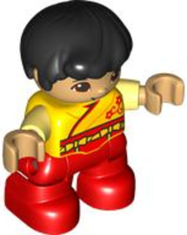 LEGO® Minifigurák 47205pb094 - Duplo Figure Lego Ville, Child Boy, Red Legs, Yellow Robe, Bright Light Yellow Arms, Black Hair, Red