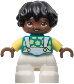 Duplo Figure Lego Ville, Child Boy, White Legs, Dark Turquoise Top with Suspenders, Bright Light Yel