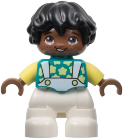 LEGO® Minifigurák 47205pb096 - Duplo Figure Lego Ville, Child Boy, White Legs, Dark Turquoise Top with Suspenders, Bright Light Yel