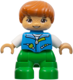 Duplo Figure Lego Ville, Child Boy, Bright Green Legs, Dark Azure Vest, White Shirt, Dark Orange Hai