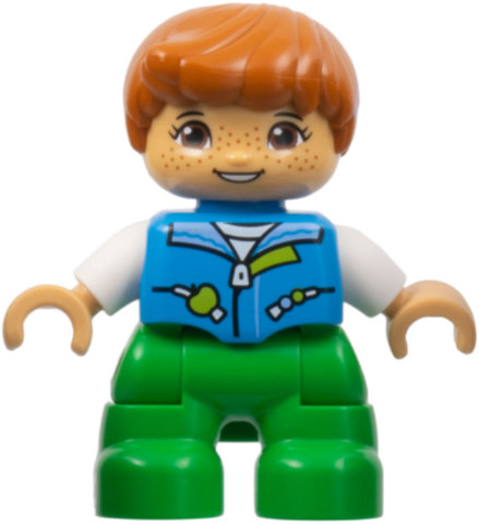 LEGO® Minifigurák 47205pb097 - Duplo Figure Lego Ville, Child Boy, Bright Green Legs, Dark Azure Vest, White Shirt, Dark Orange Hai