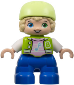 Duplo Figure Lego Ville, Child Boy, Blue Legs, Lime Jacket with White Sleeves, Bright Pink Shirt, Ye
