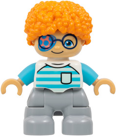 Duplo Figure Lego Ville, Child Boy, Light Bluish Gray Legs, White Shirt with Light Aqua and Medium A