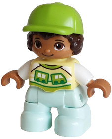 Duplo Figure Lego Ville, Child Boy, Light Aqua Legs, Bright Light Yellow Shirt with Train Pattern, D