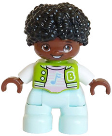 Duplo Figure Lego Ville, Child Boy, Light Aqua Legs, Lime Jacket over Bright Pink Shirt, White Lette
