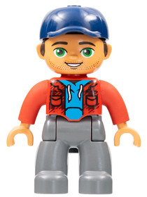 Duplo Figure Lego Ville, Male, Dark Bluish Gray Legs, Red Jacket, Medium Azure Shirt, Dark Blue Cap