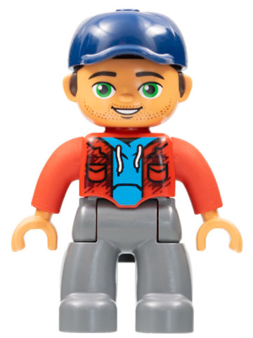 LEGO® Minifigurák 47394pb245 - Duplo Figure Lego Ville, Male, Dark Bluish Gray Legs, Red Jacket, Medium Azure Shirt, Dark Blue Cap