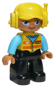 Duplo Figure Lego Ville, Male, Black Legs, Medium Azure Shirt, Yellow Safety Vest with Train Logo, Y