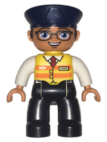 Duplo Figure Lego Ville, Male, Black Legs, White Shirt, Yellow Safety Vest with Train Logo, Dark Blu