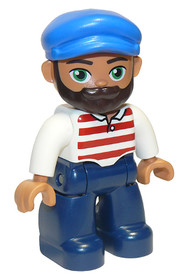 Duplo Figure Lego Ville, Male, Dark Blue Legs, White Shirt with Red Horizontal Stripes, Blue Cap and